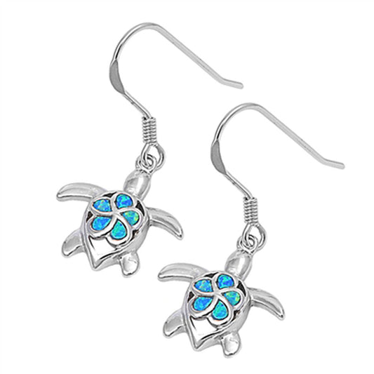 Plumeria Turtle Hanging Earrings Blue Simulated Opal .925 Sterling Silver