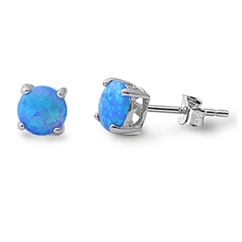 Simple Circle Plain Blue Simulated Opal .925 Sterling Silver Fashion Classic Earrings