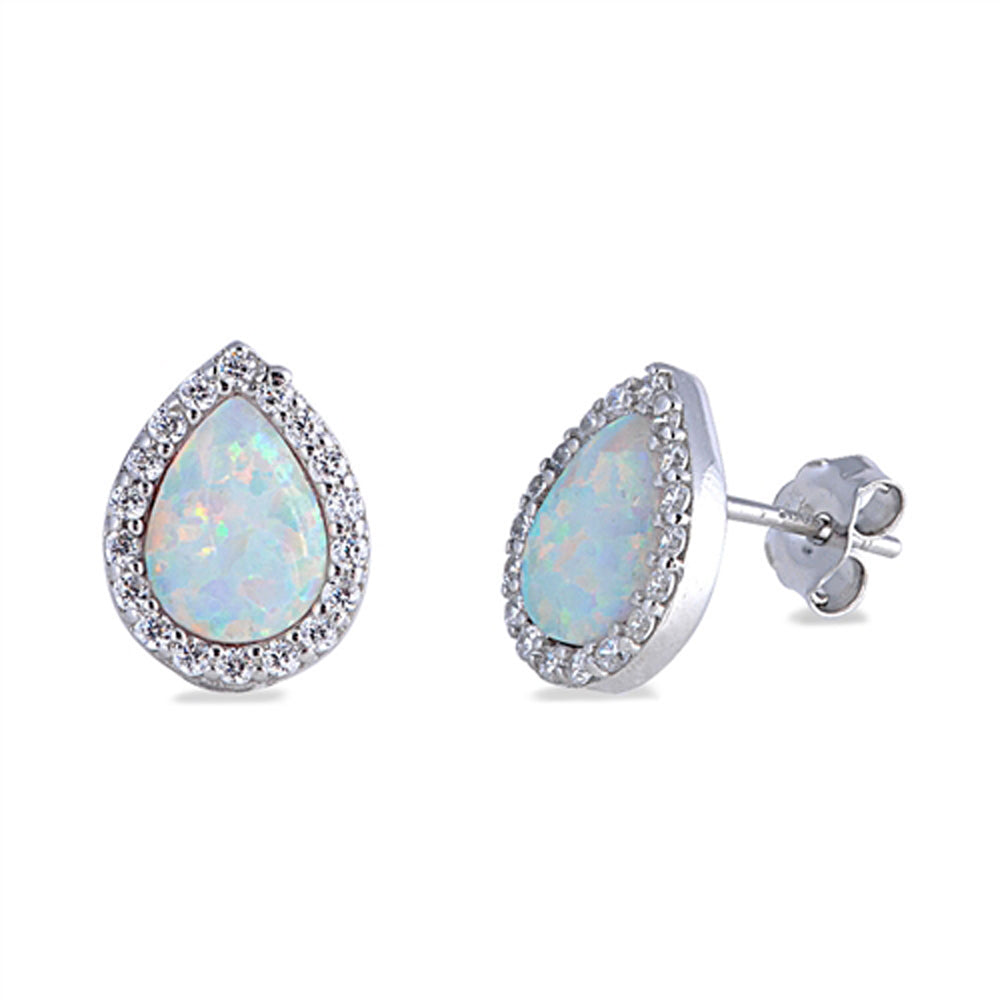 Sterling Silver Teardrop Style Classic Earrings White Synthetic Opal Clear CZ