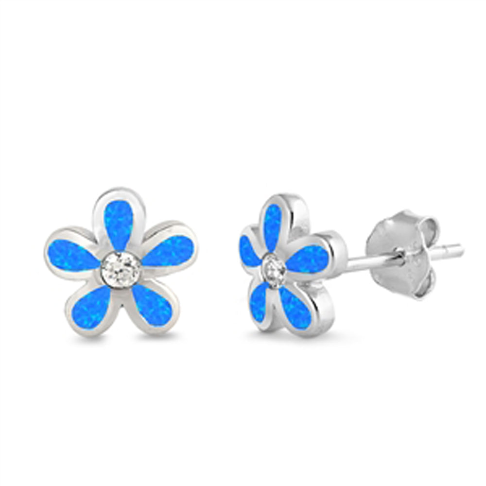 Sterling Silver Teardrop Flower Modern Mosaic Cute Earrings Blue Synthetic Opal
