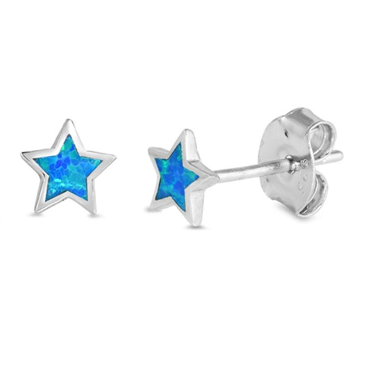 Sterling Silver Mini Blue Opal Star Stud High Polished Earrings Push Back 925