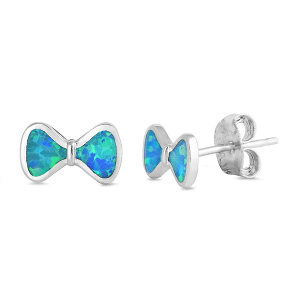 Sterling Silver High Polish Bow Ribbon Simple Earrings Blue Synthetic Opal 925