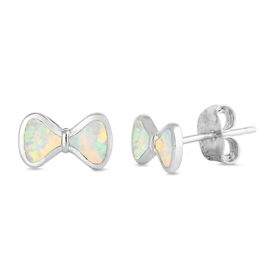 Sterling Silver Simple Bow Ribbon Classic Earrings White Synthetic Opal 925 New