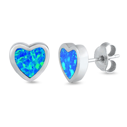 Sterling Silver Simple Heart Promise Love Cute Earrings Blue Synthetic Opal 925