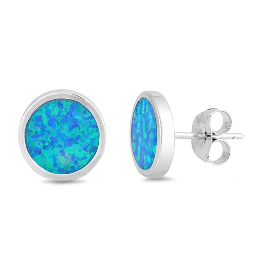Sterling Silver High Polish Circle Round Classic Blue Synthetic Opal Earrings