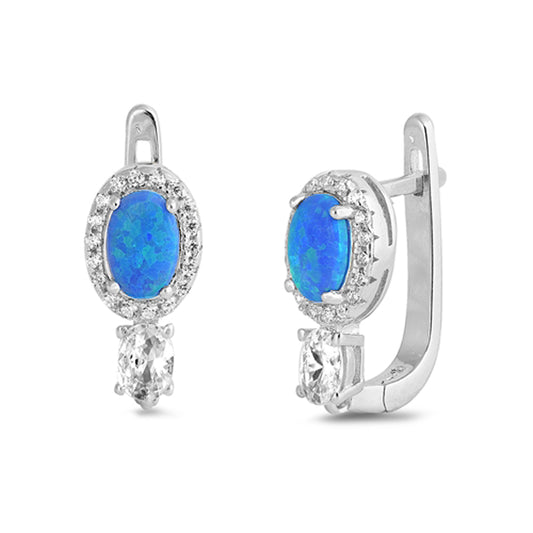 Sterling Silver Oval Halo Love Vintage Style Earrings Blue Synthetic Opal 925