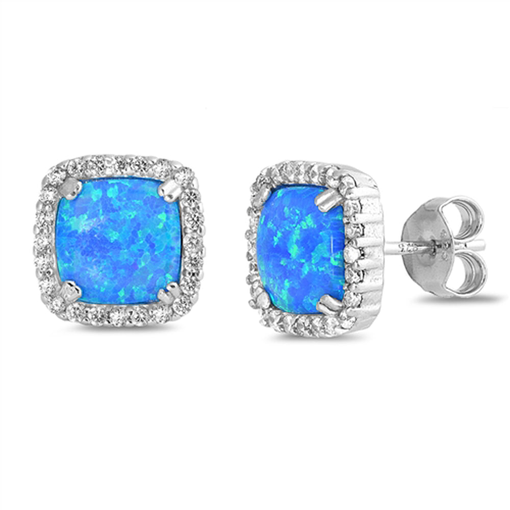 Sterling Silver Modern Square Halo Elegant Earrings Blue Synthetic Opal 925 New
