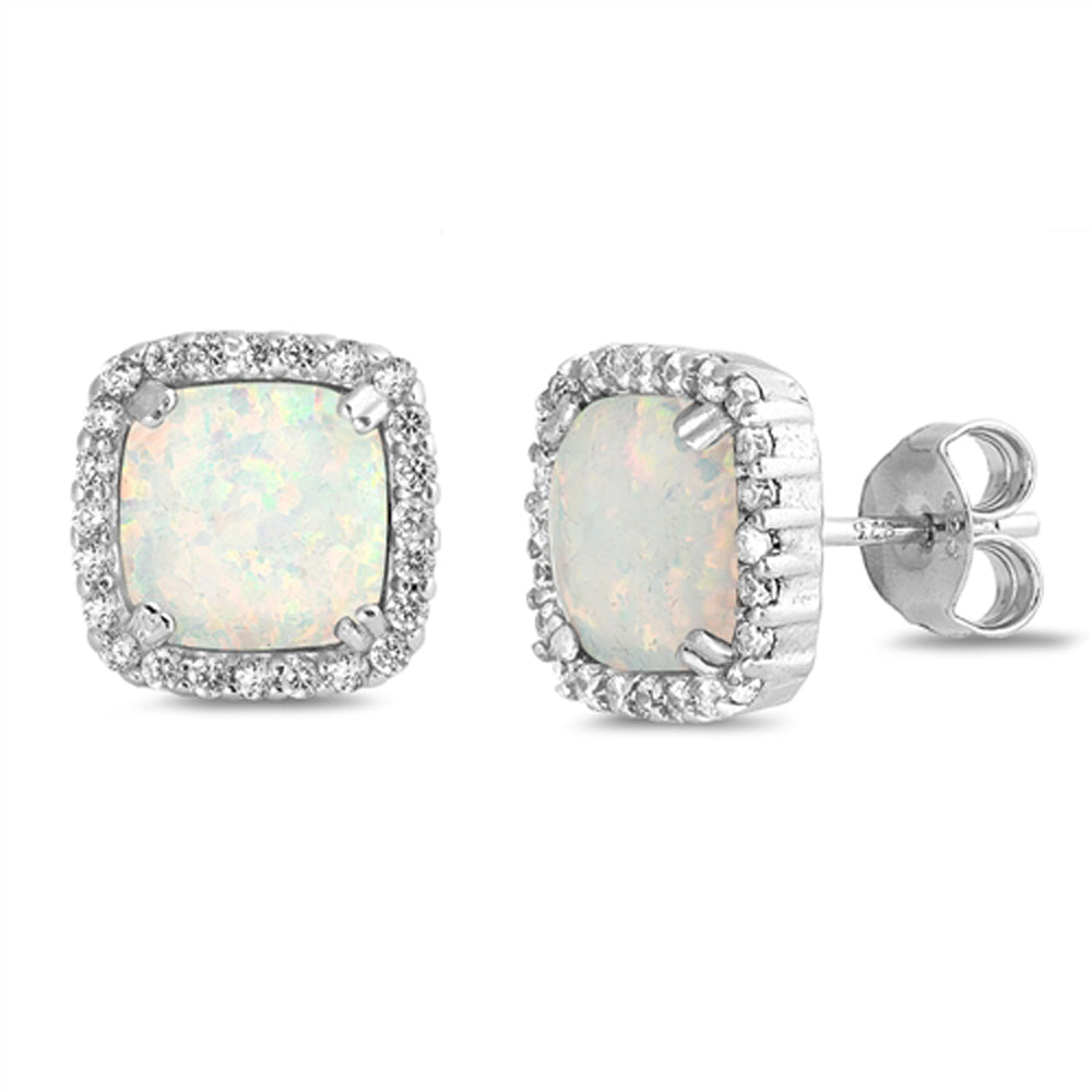 Sterling Silver Modern Square Cluster Halo Elegant Earrings White Synthetic Opal