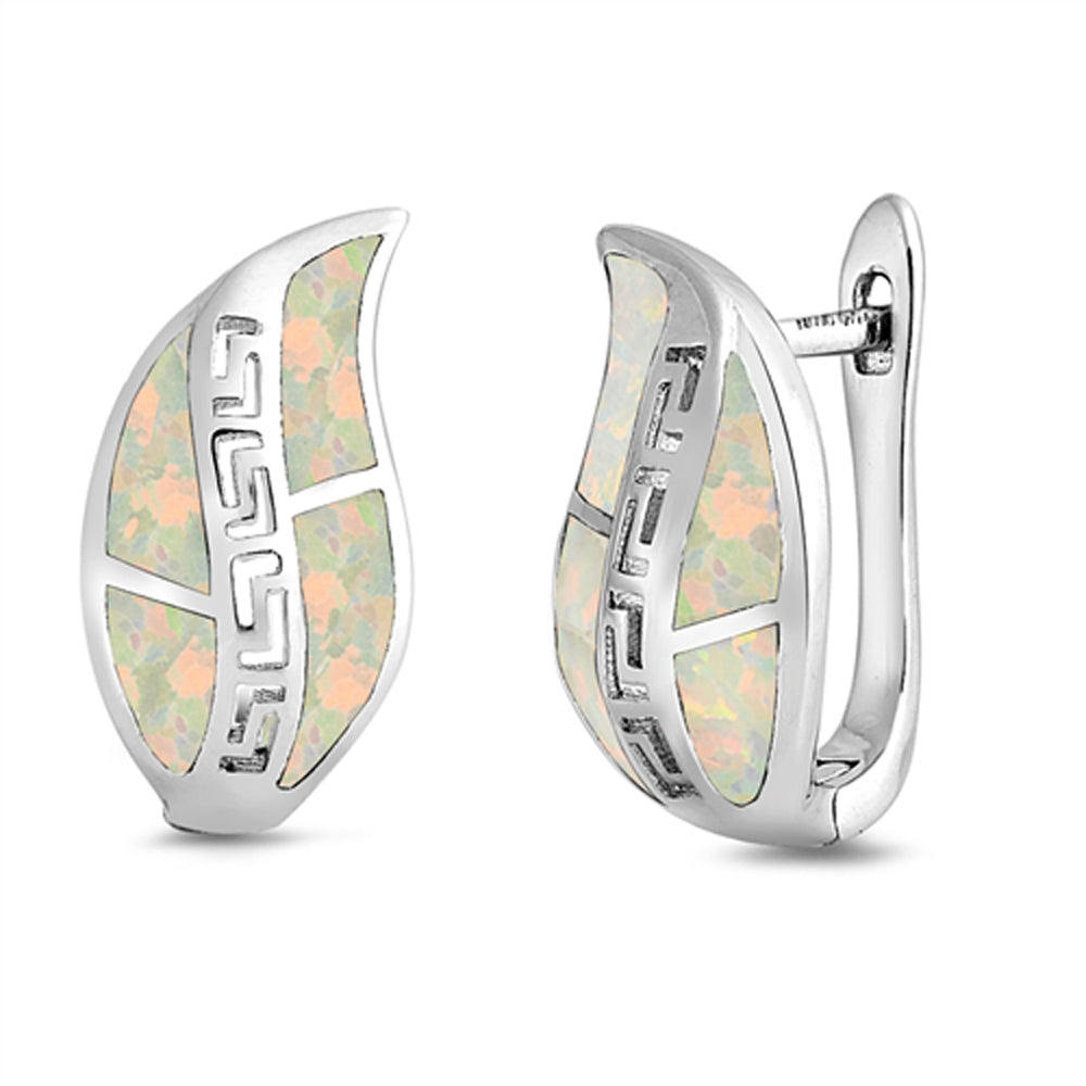 Sterling Silver Mosaic Leaf Greek Key Open Cutout Earrings White Synthetic Opal