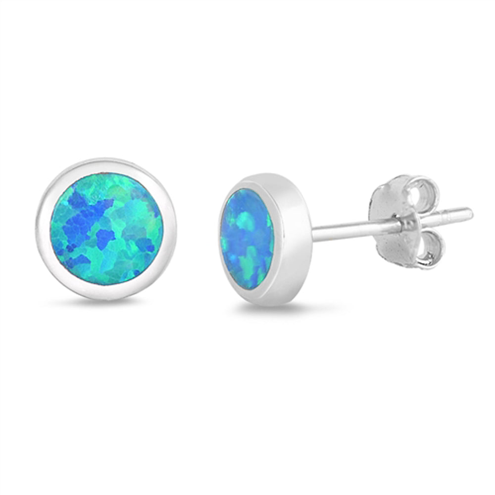 Sterling Silver Simple Circle Round Modern Earrings Blue Synthetic Opal 925 New