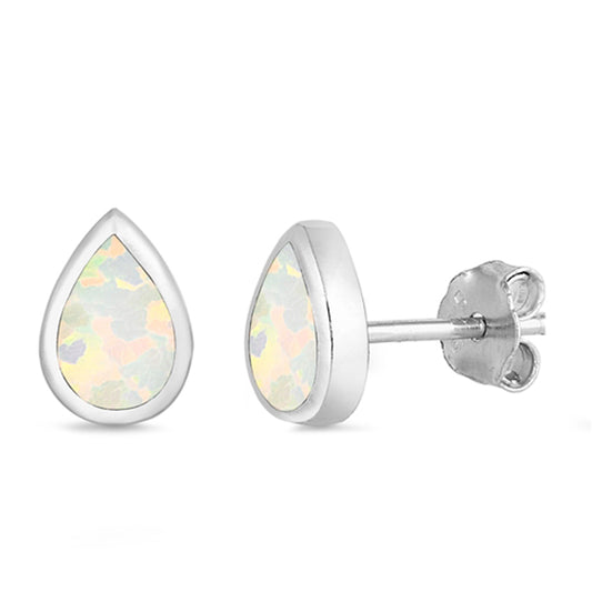 Sterling Silver Simple Teardrop Modern High Polish Earrings White Synthetic Opal