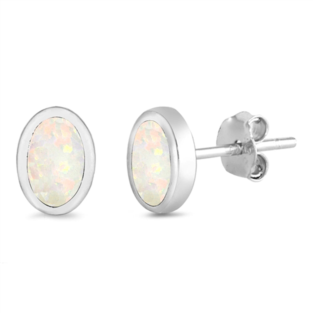 Sterling Silver Simple Oval High Polish Modern Earrings White Synthetic Opal 925