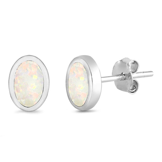 Sterling Silver Simple Oval High Polish Modern Earrings White Synthetic Opal 925