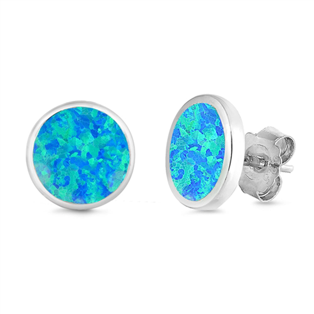 Sterling Silver Simple Circle Classic Round Earrings Blue Synthetic Opal 925 New