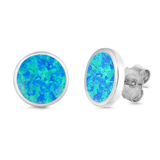 Sterling Silver Simple Circle Classic Round Earrings Blue Synthetic Opal 925 New