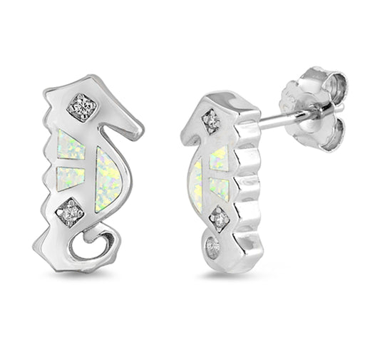 Sterling Silver Seahorse Modern Animal Fish Ocean Earrings White Synthetic Opal