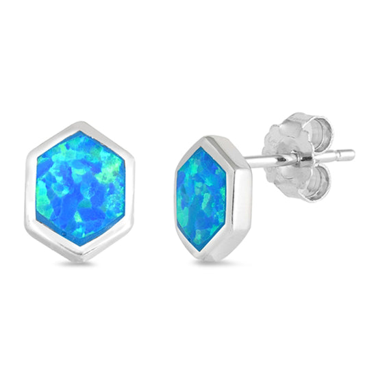 Sterling Silver Simple Hexagon Geometric Modern Earrings Blue Synthetic Opal 925