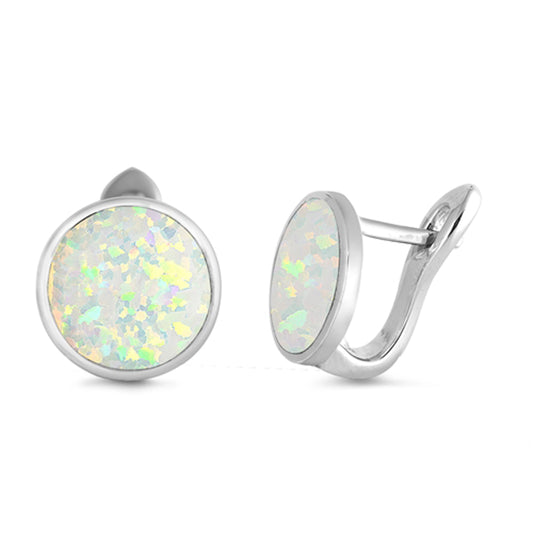 Sterling Silver Circle Round Classic High Polish Earrings White Synthetic Opal