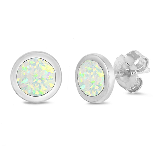 Sterling Silver Simple Circle High Polish Modern Earrings White Synthetic Opal