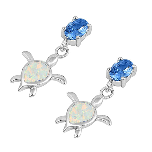 Sterling Silver Mosaic Turtle Modern Earrings White Synthetic Opal Amethyst CZ