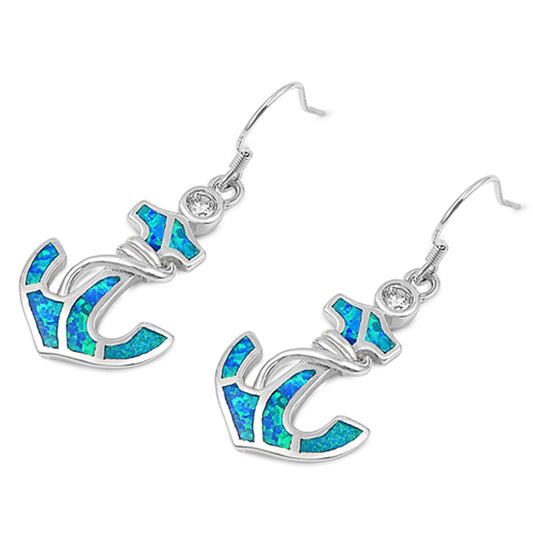 Sterling Silver Anchor Nautical Rope High Polish Earrings Blue Synthetic Opal
