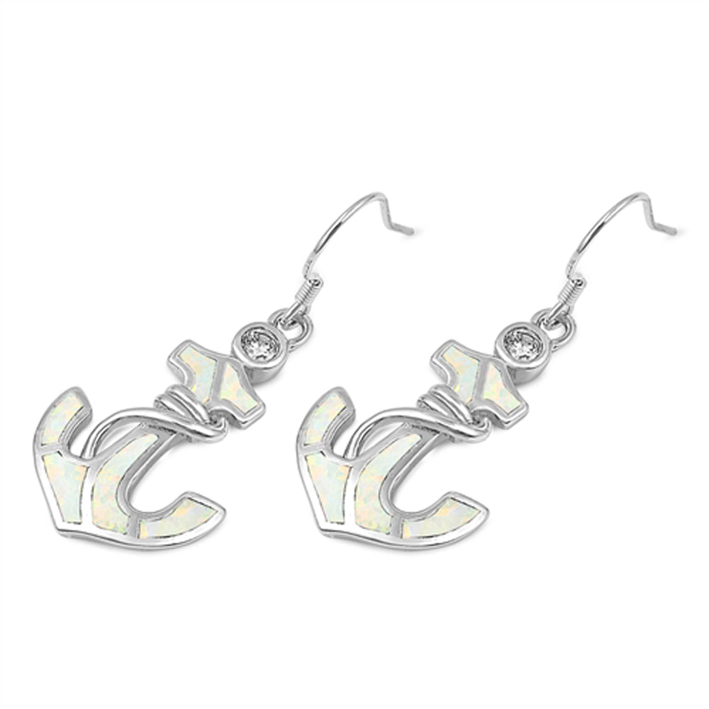 Sterling Silver Anchor Mosaic Nautical Modern Earrings White Synthetic Opal 925