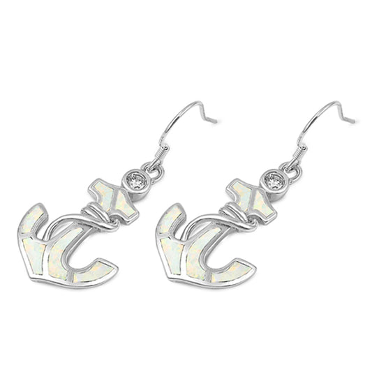 Sterling Silver Anchor Mosaic Nautical Modern Earrings White Synthetic Opal 925