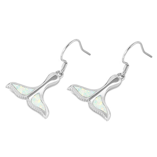 Sterling Silver Whale Tail Animal Mermaid Ocean Earrings White Synthetic Opal
