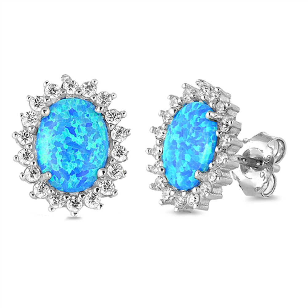 Sterling Silver Sun Burst Oval Elegant Earrings Blue Synthetic Opal Clear CZ 925