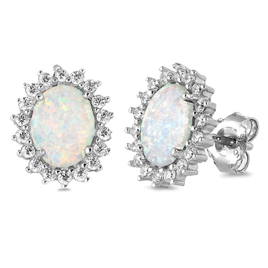 Sterling Silver Star Burst Oval Style Earrings White Synthetic Opal Clear CZ 925