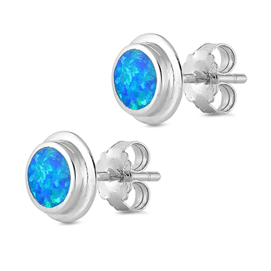 Sterling Silver Simple Circle Round High Polish Earrings Blue Synthetic Opal 925