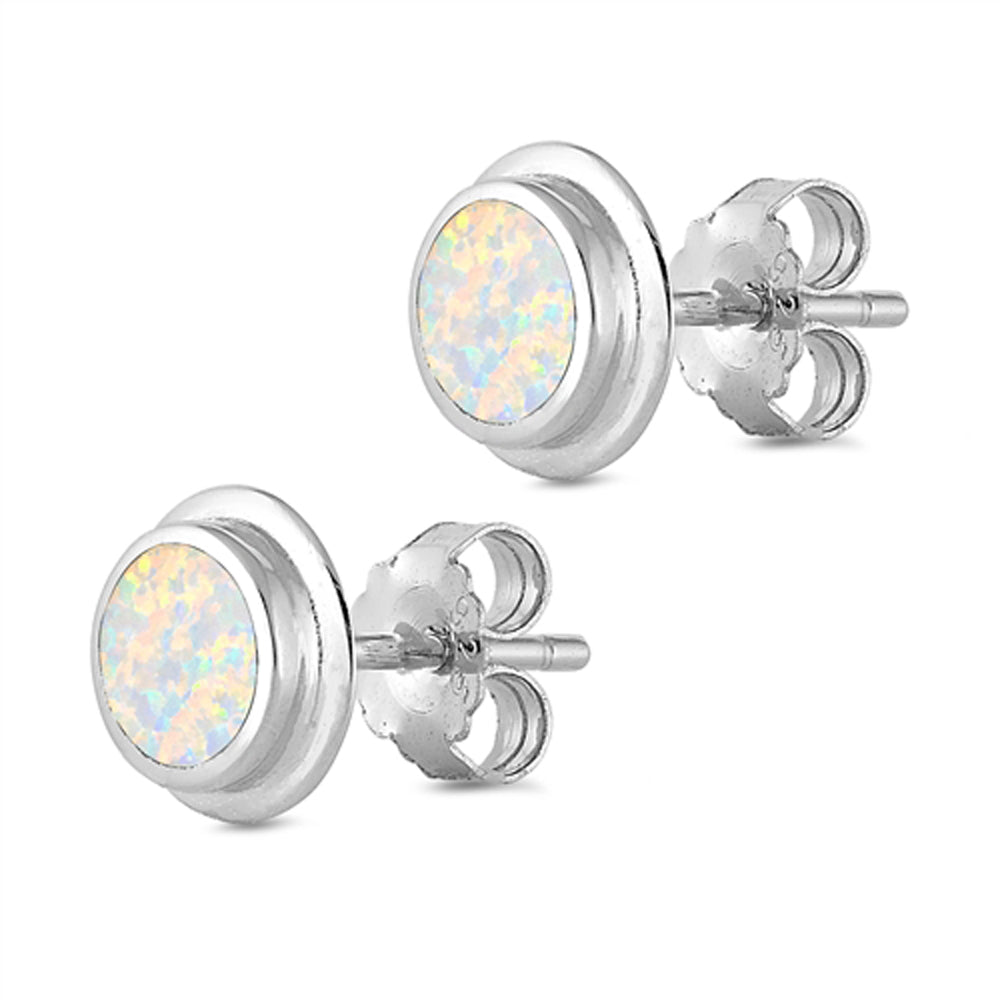Sterling Silver Modern Circle High Polish Round Earrings White Synthetic Opal