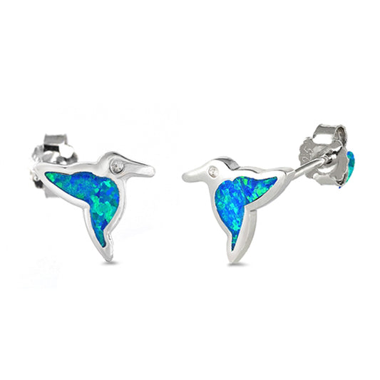 Sterling Silver Hummingbird High Polish Bird Cute Earrings Blue Synthetic Opal