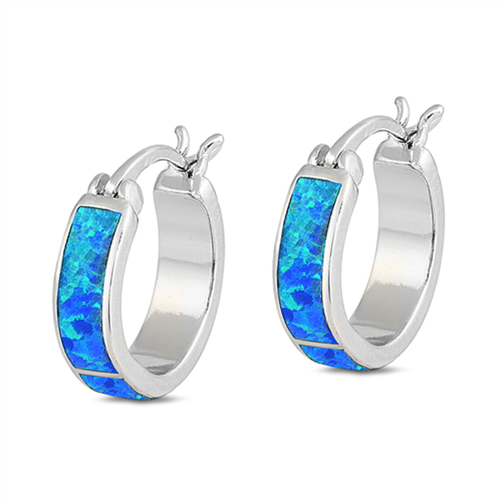 Sterling Silver Mosaic Hoop Modern Earrings Blue Synthetic Opal 925 New