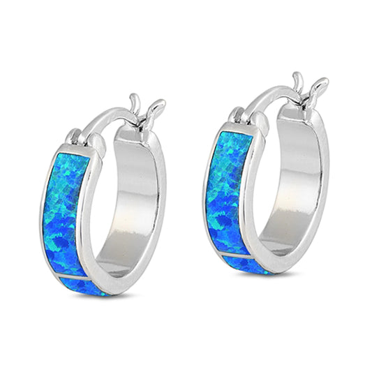 Sterling Silver Mosaic Hoop Modern Earrings Blue Synthetic Opal 925 New