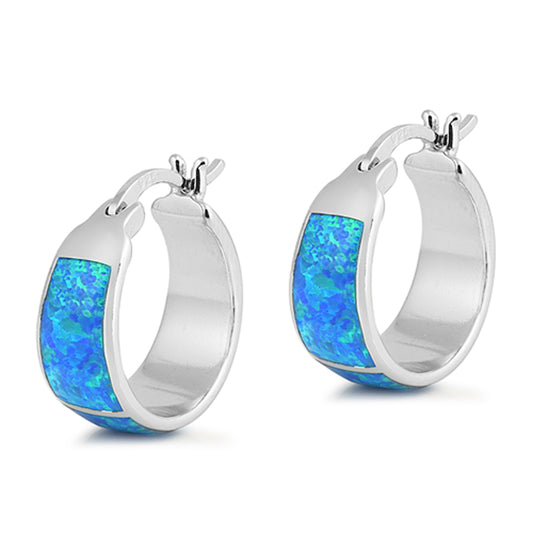 Sterling Silver Mosaic Hoop Open Classic Earrings Blue Synthetic Opal 925 New