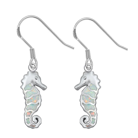 Sterling Silver Mosaic Seahorse Ocean Fish Beach Earrings White Synthetic Opal