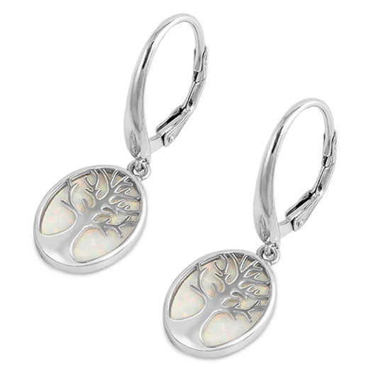 Sterling Silver Tree of Life Modern Oval Medallion Earrings White Synthetic Opal