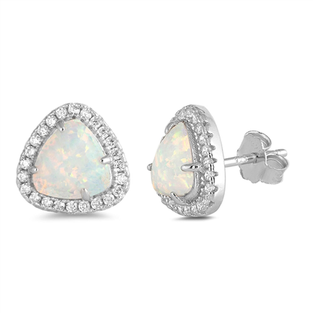 Sterling Silver Rounded Triangle Halo Earrings Clear CZ White Synthetic Opal 925
