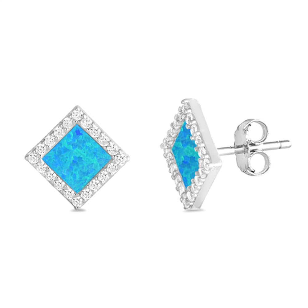 Sterling Silver Square Halo Eternity Earrings Blue Synthetic Opal Clear CZ 925