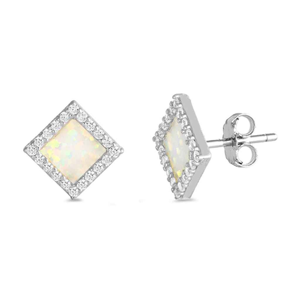 Sterling Silver Classic Square Simple Cluster Halo Earrings White Synthetic Opal
