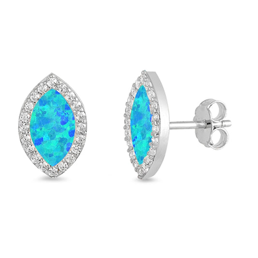 Sterling Silver Marquise Halo Studded Earrings Blue Synthetic Opal Clear CZ 925