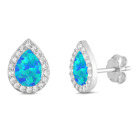 Sterling Silver Classic Teardrop Vintage Style Earrings Blue Synthetic Opal 925