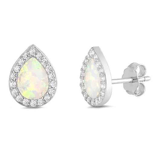 Sterling Silver Teardrop Halo Elegant Style Earrings White Synthetic Opal 925