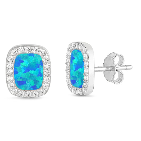 Sterling Silver Classic Rectangle Halo Elegant Earrings Blue Synthetic Opal 925
