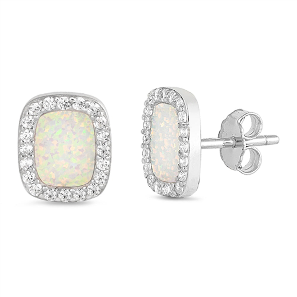 Sterling Silver Rectangle Halo Studded Eternity Earrings White Synthetic Opal