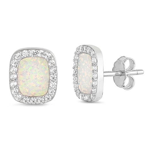 Sterling Silver Rectangle Halo Studded Eternity Earrings White Synthetic Opal