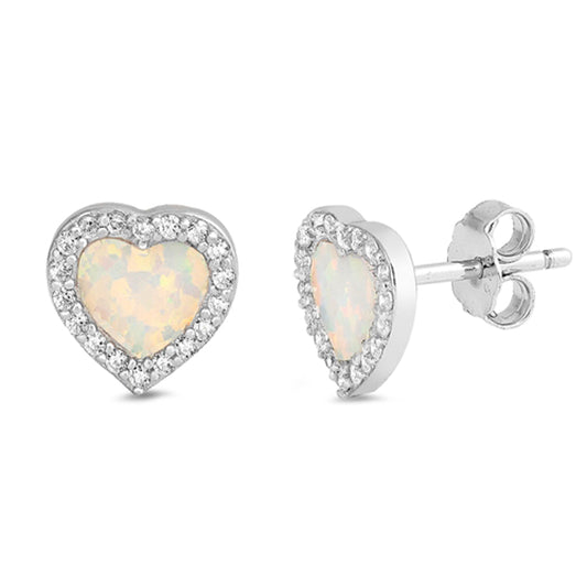 Sterling Silver Heart Halo Studded Elegant Earrings White Synthetic Opal 925 New