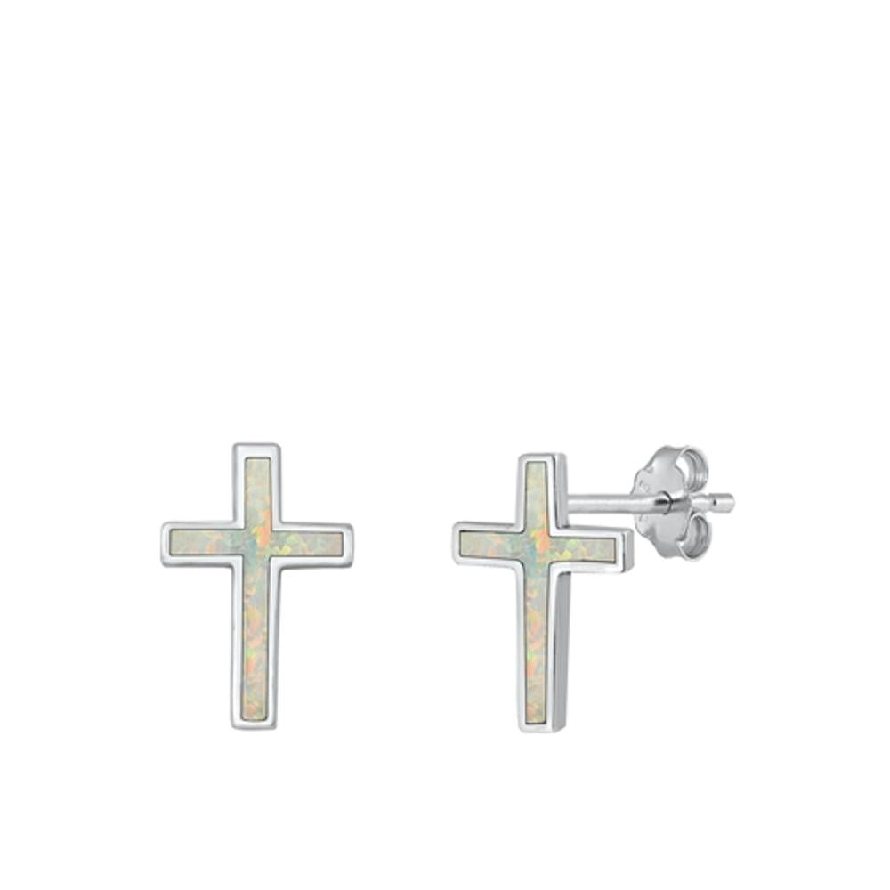 Sterling Silver High Polish Cross Simple Elegant Earrings White Synthetic Opal