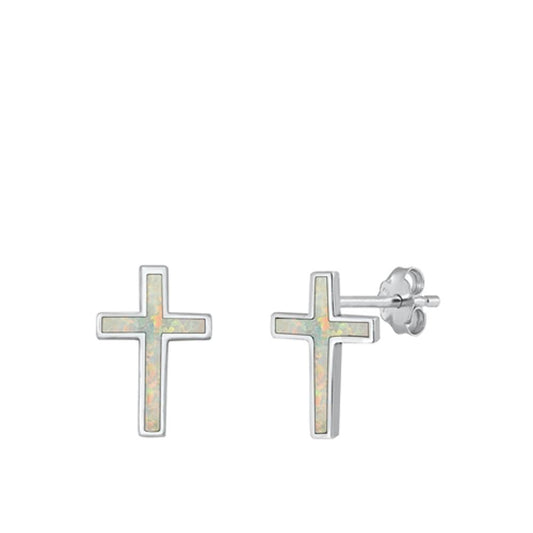 Sterling Silver High Polish Cross Simple Elegant Earrings White Synthetic Opal